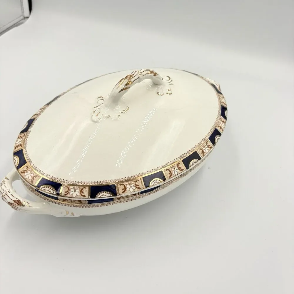 1915 antique Royal Sydneyware William Lowe Covered  Oval Dish  China‎ Blue Gold